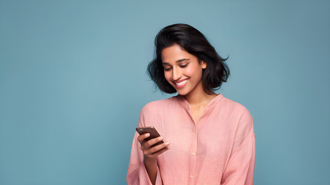 Smiling young woman using smartphone on blue background