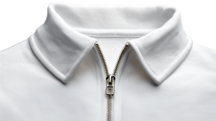 White zip-up jacket collar with silver zipper detail  