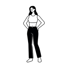 Fototapeta premium Woman in high waisted jeans and crop top in casual street style Vector illustration