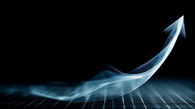 Futuristic glowing blue arrow embodying digital progress and strategic growth against dark technological background with abstract grid elements and copy space