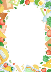 Back to school frame watercolor isolated illustration. First grade backpack, stationery and lunch box with healthy food clip art. Hand drawn sketch for kids in elementary school.