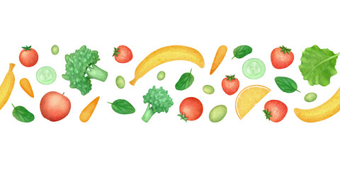 Seamless border fresh fruit and vegetable watercolor isolated illustration. Healthy food clip art. Hand drawn sketch for menu.