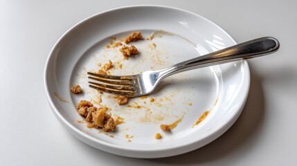 Isolated dirty plate with leftover food on a white backdrop, minimalistic concept. 