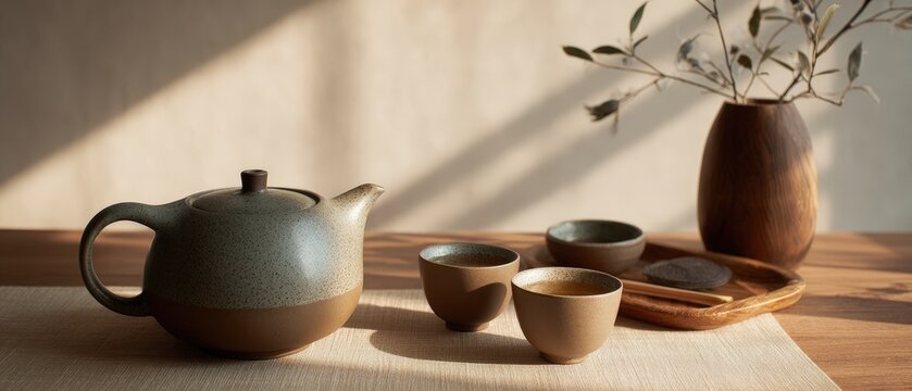 Serene tea ceremony layout featuring ceramic teapot with minimalist cups and bamboo chaban emphasizing traditional calmness for eco conscious living and slow lifestyle editorial content