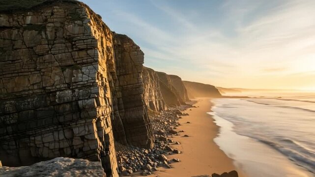 Coastal cliffs at sunset with golden light