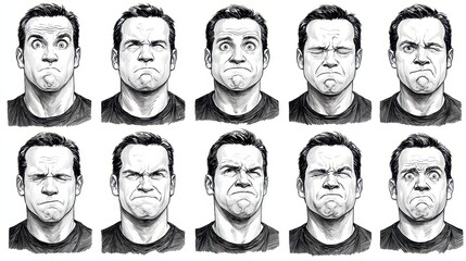 Various human expressions depicted in a grayscale drawing.