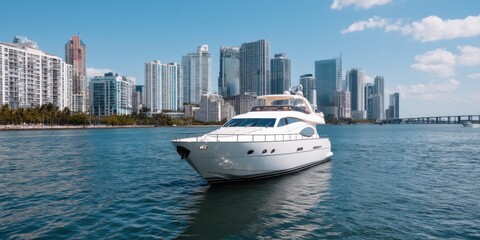 Miami skyline in the background with a luxurious yacht sailing in the bay, epitomizing summer vacation vibes. 