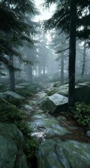 Fototapeta premium Misty forest path through rocks