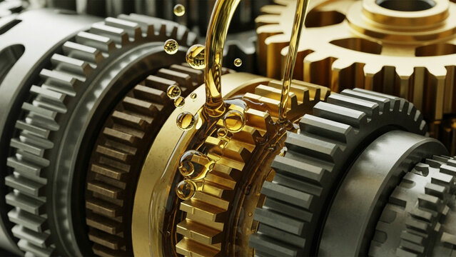 Golden Engine Oil Splashing Over Bright Industrial Gears with Viscous Lubrication on Metallic Components