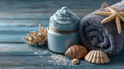 Blue spa jar, towel, and seashells on wood