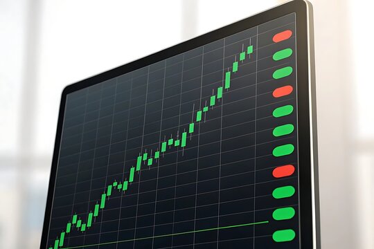 Computer screen displays upward trending stock market graph with red and green indicators