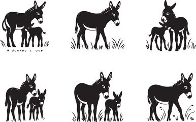 Six Black Silhouette Illustrations of Donkeys and Foals in Grass