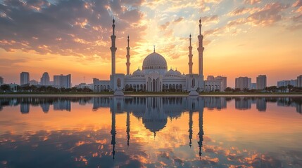 The wondrous Sharjah Mosque reflected in the pool waters on background of the cloudy sunset sky