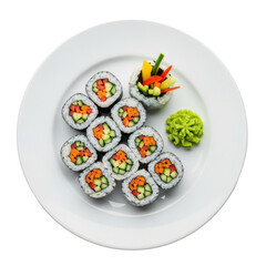 Overhead View of a Plate of Sushi Rolls with Fresh Vegetables and Green Wasabi on a White Plate Isolated