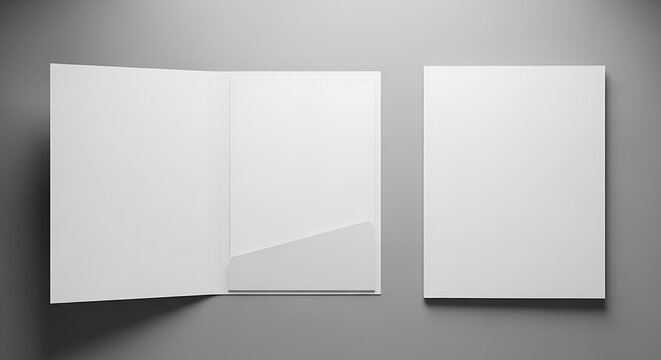Two blank white folders, one open and one closed, on a gray background