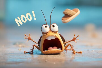 Cartoon insect with a shocked expression as a sandal flies through the air