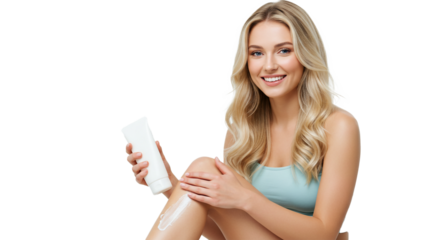 A beautiful young blonde woman happily applies hydrating lotion to her leg, showcasing her radiant and healthy skin.