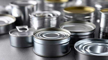 Variety of tin cans of different sizes and designs in a close-up shot, creating an industrial look. 