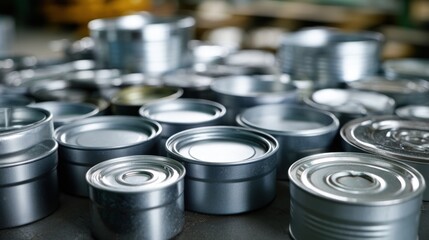 Variety of tin cans of different sizes and designs in a close-up shot, creating an industrial look. 