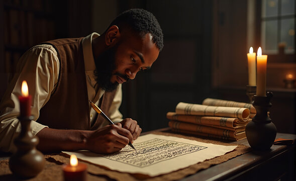 A calligrapher in a dim room painting mysterious arab script