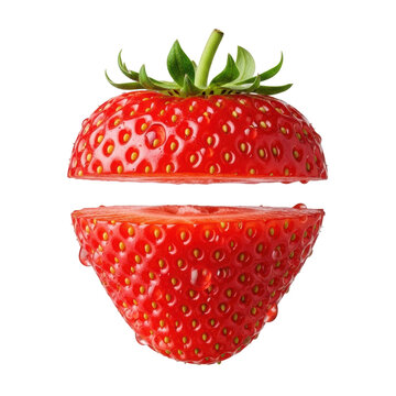 Vibrant red strawberry with clean horizontal slice, revealing white core, internal flesh, tiny yellow seeds, crushed pulp, on transparent background. Concept of fruit freshness and detailed texture