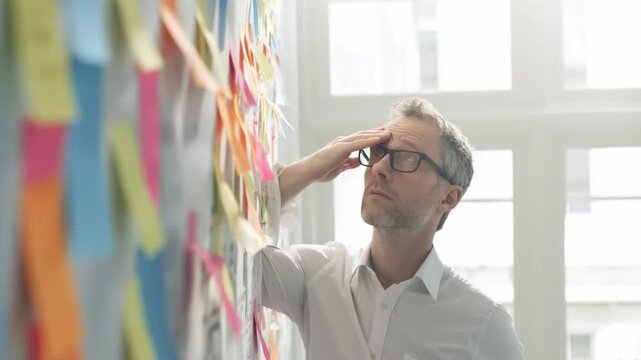 Focused Planning: A focused individual analyzes a wall covered with sticky notes, embodying the concentration needed for innovative planning and brainstorming. 