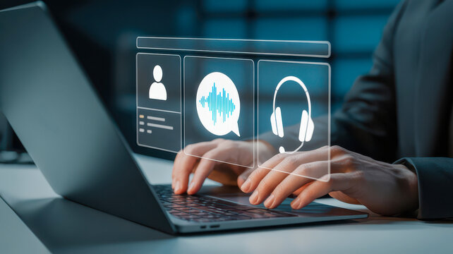 Businessman using laptop with virtual customer service assistant, call center and communication concept