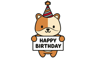 Cute puppy Character Celebrating Birthday: Cartoon Illustration of a Happy puppy Wearing a Polka Dot Party Hat and Holding a 'Happy Birthday' Sign for Greeting Cards and Designs.