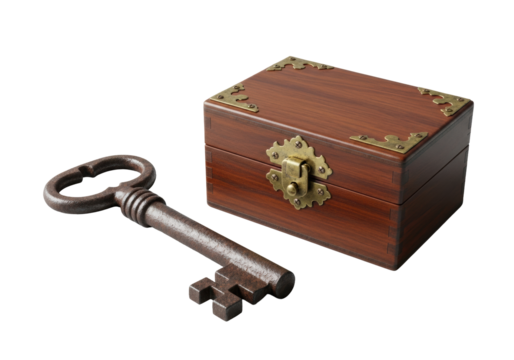 ancient bent rusted iron key beside a small closed antique mahogany wood box with brass hardware on a transparent seamless background, concept of forgotten secrets and antiquity