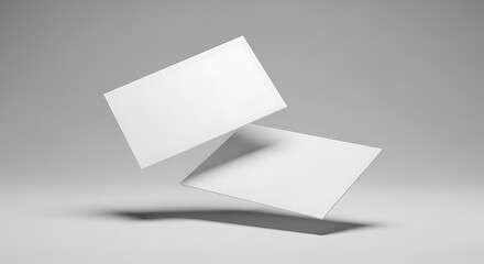 Two blank white business cards floating in the air isolated on white background