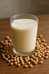 Glass of Fresh Soy Milk with Soybeans