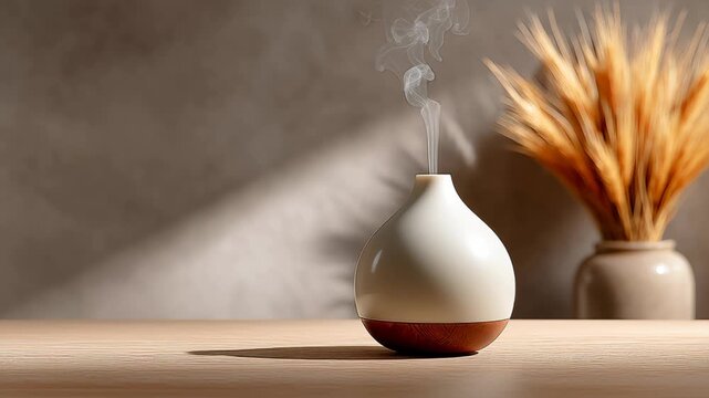 Elegant ceramic diffuser with aromatic smoke rising, placed on a wooden table, surrounded by soft natural light and decorative dried grass in a minimalist interior setting, enhancing relaxation ambian