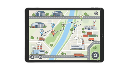 Modern Digital Logistics and Global Supply Chain Management Illustrated on a Tablet Map, Showcasing Efficient Delivery Routes and Warehouse Network Optimization.