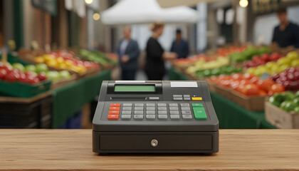 Cash register at outdoor stall market with fruit stalls  