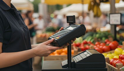 Cash register at outdoor stall fruit market 