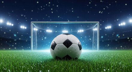 Naklejka premium A soccer ball sits on the grass in front of a glowing goal under stadium lights at night