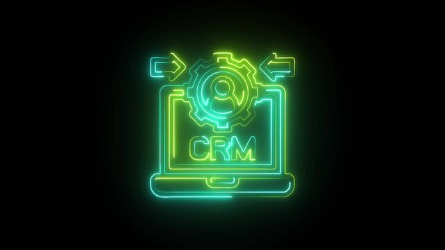 Neon CRM System Icon Customer Relationship Management Interface with Gear and Arrows on Laptop Screen in Glowing Digital Style