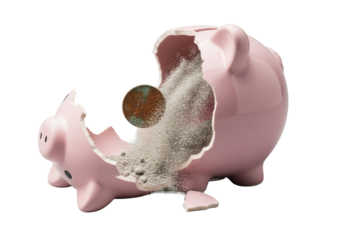 Smashed pale pink ceramic piggy bank with sharp fragments, spilling light grey dust and a single old copper coin against a transparent background with uniform studio lighting, no shadows, concept of
