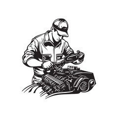 Vector sketch illustration of a mechanic servicing an engine isolated on a white background