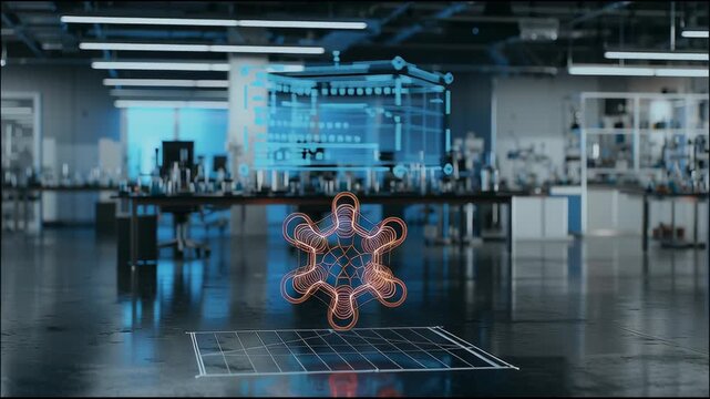 Digital 3D hologram of a chemical structure projected above a lab bench, futuristic biotech research setting - Powered by Adobe