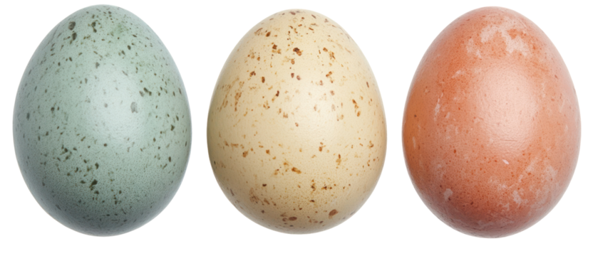 Three Eggs Displayed With Varying Colors And Speckled Textures Against A Transparent Background