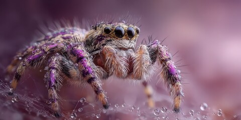 Close-up of a jumping spider, vibrant with purple hues.