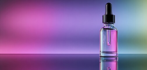 The elegant glass dropper bottle with colorful gradient background and reflection.