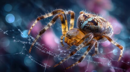 Close-up of a spider on a glistening web.