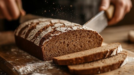 A loaf of rye bread made with organic rye being cut into slices