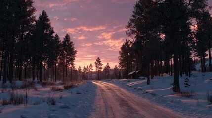 Snowy road through pine forest at sunset, soft pink and purple hues