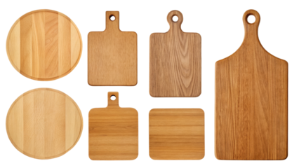 Wooden Kitchen Boards Collection, Round, Square, and Rectangular Shapes on Transparent Background