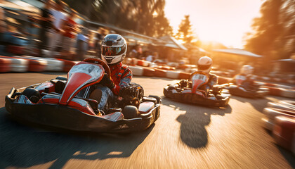 Competitive go-kart racing on outdoor track during sunset  