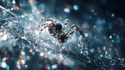 Close-up of a spider on a glistening web.