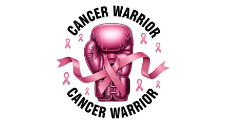 The image is of a pink boxing glove, a pink ribbon, and pink breast cancer awareness ribbons. Text included: "Cancer, Cancer Warrior."

